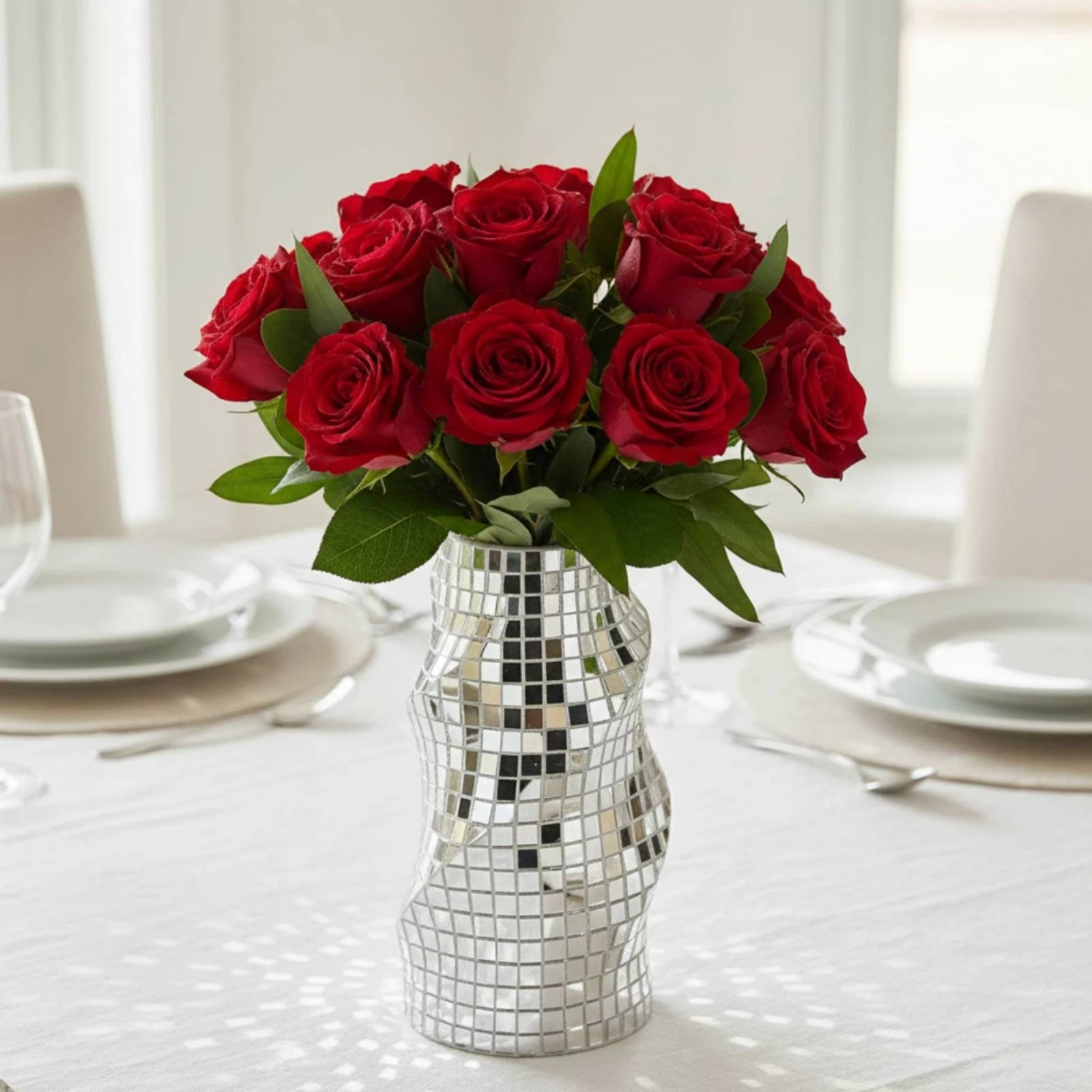 Mirrored Mosaic Vase Reflective Mosaic Vase Home Decor Silver-Toned Centerpiece