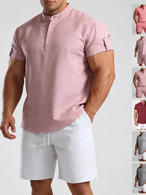 

Men's Slim Fit Short Sleeve Shirt Pure Color Stand Collar Casual Top Fashionable Versatile Basic Style Polyester Material