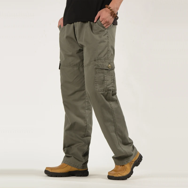 Men\'s Oversized Cargo Pants Multi Pockets Military Trousers Plus Size Drawstring Baggy Tactical Pants Khaki Straight Trousers