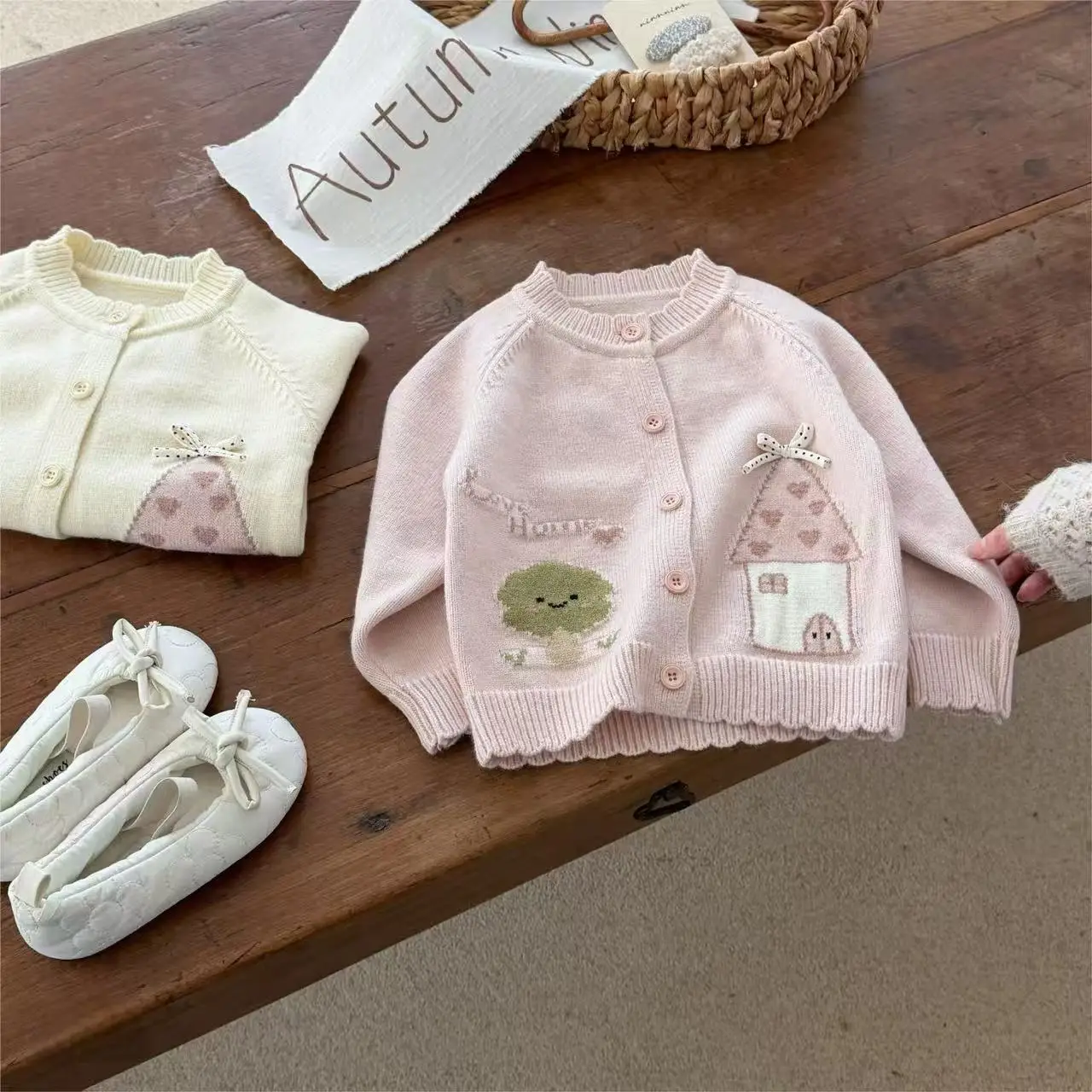 New Korean Style Autumn Girls Knit Cardigan Raglan Sleeve House Pattern Top For Little Girls Kids Fall Outfits 90-130CM