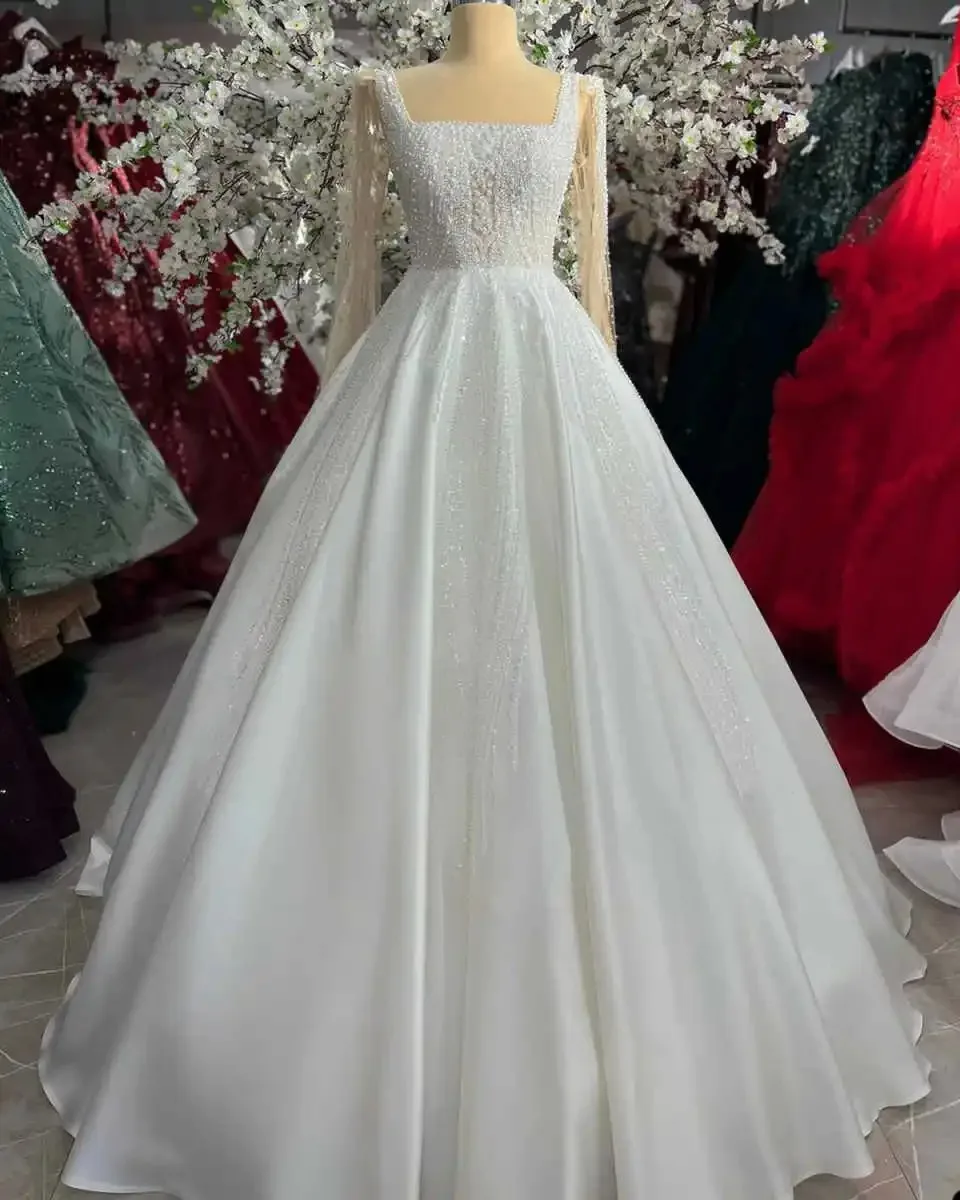 Customized Elegant A-Line Wedding Dresses Square Collar Pearls Beading Sleeveless Bridal Gowns Prom Dresses Vestido de novia