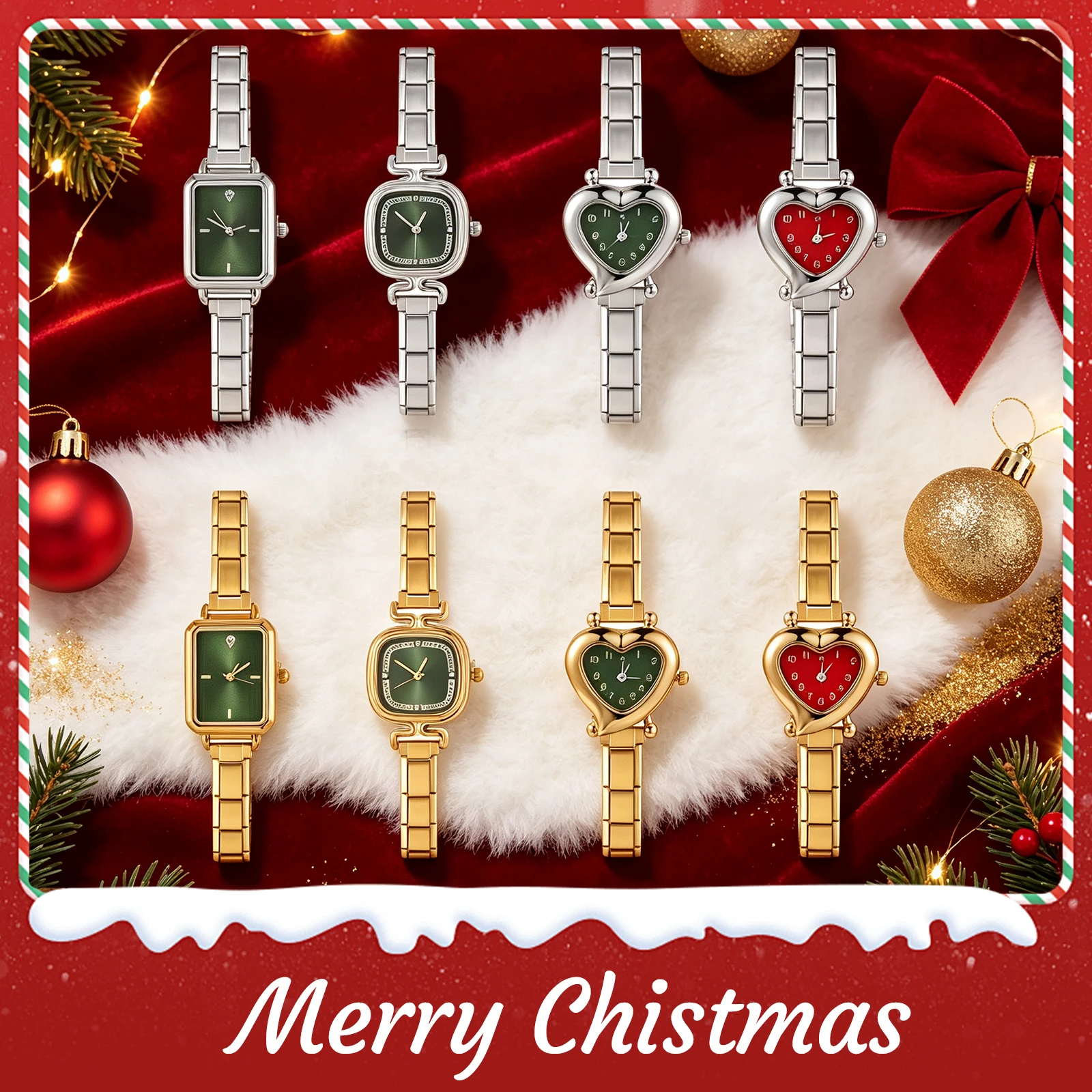 Y2K Green Red Watch Dial 9MM High Quality Stainless Steel Square Heart Watch Bracelet Jewelry For Men Women's Christmas Gifts