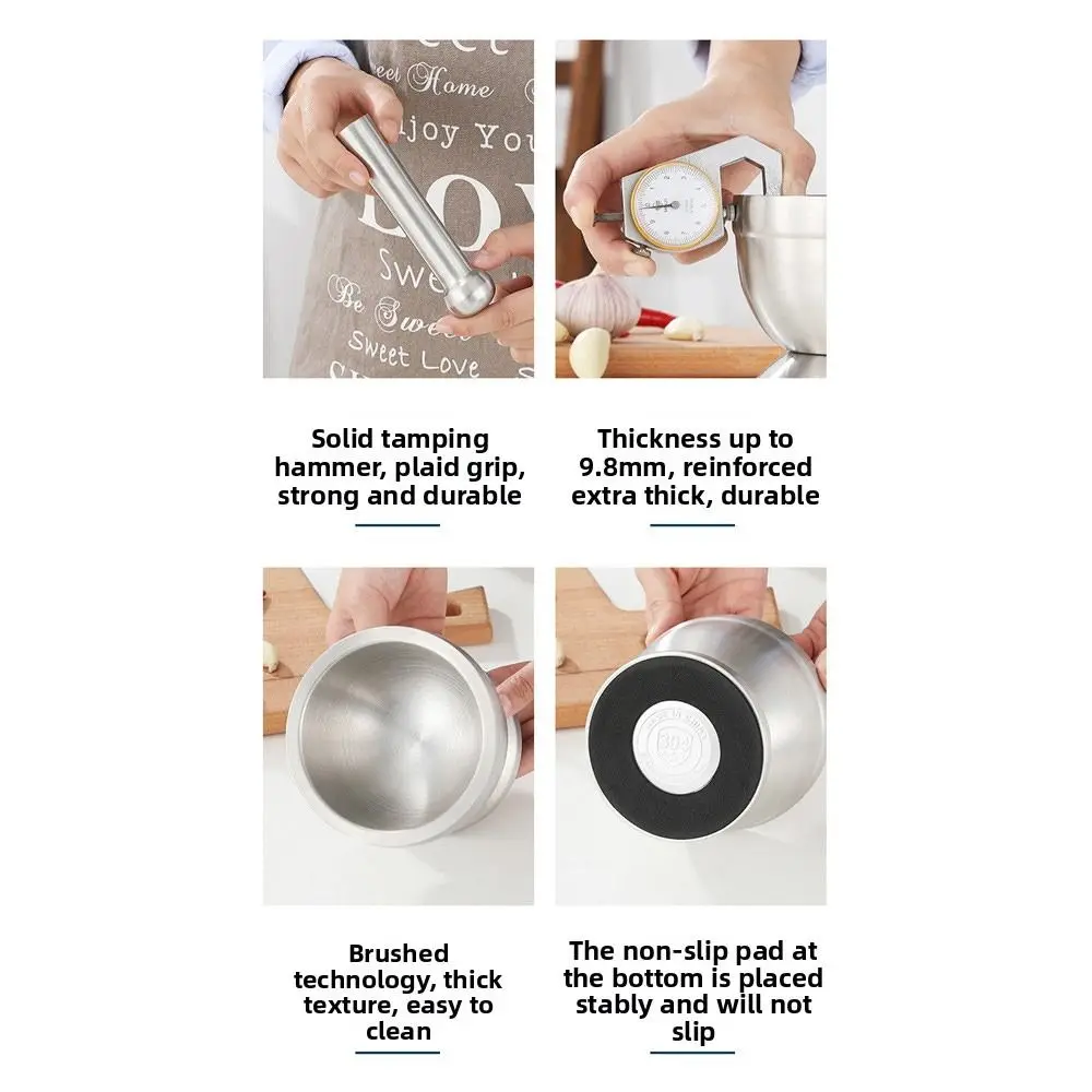 

304 Stainless Steel Garlic Masher Household Use With Lid Grinding Bowl Mashing Pot Pressure Design Stone Mortar