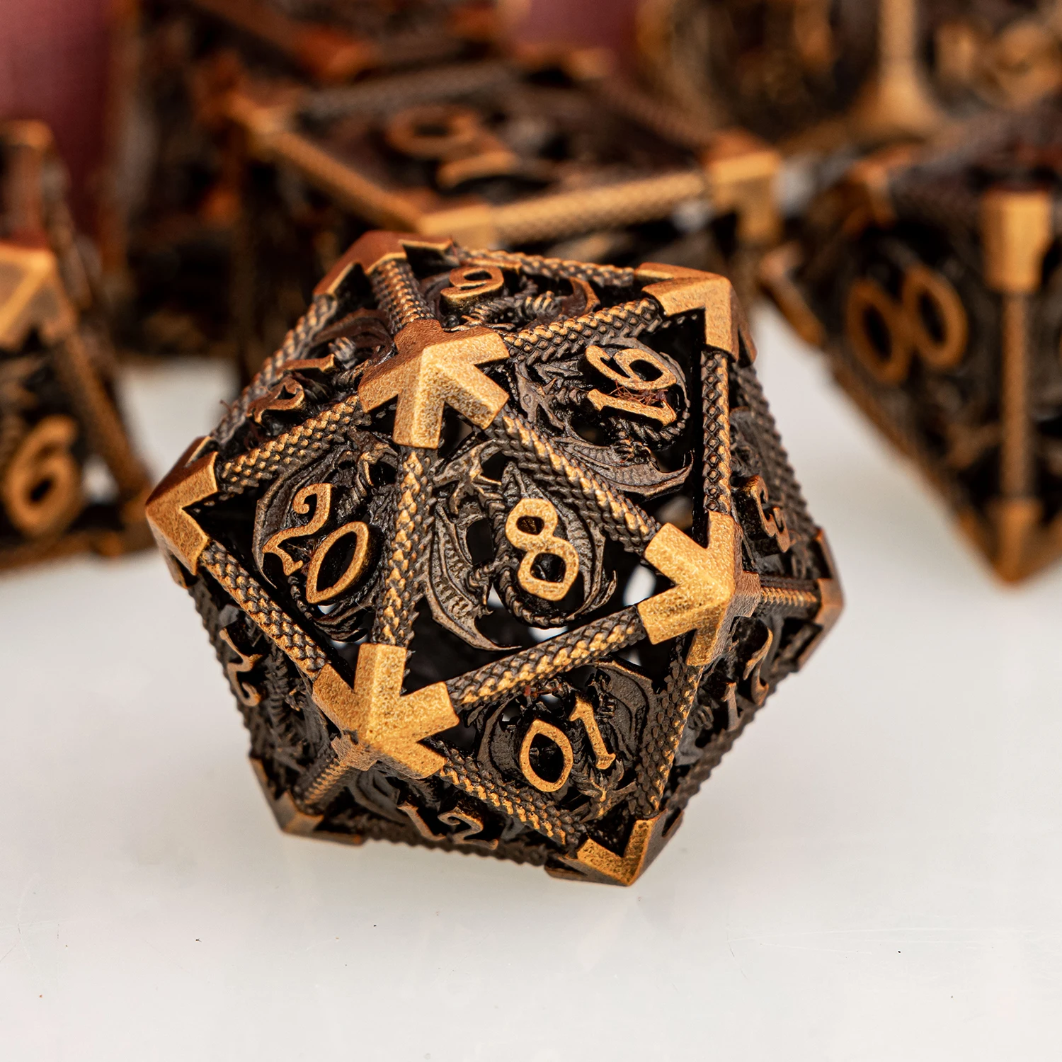 Ancient Gold DND Metal Dice D20 Dungeon and Dragon D&D Hollow Dragon Dice Set D6 RPG Polyhedral Rathfinder Role Playing Games Di