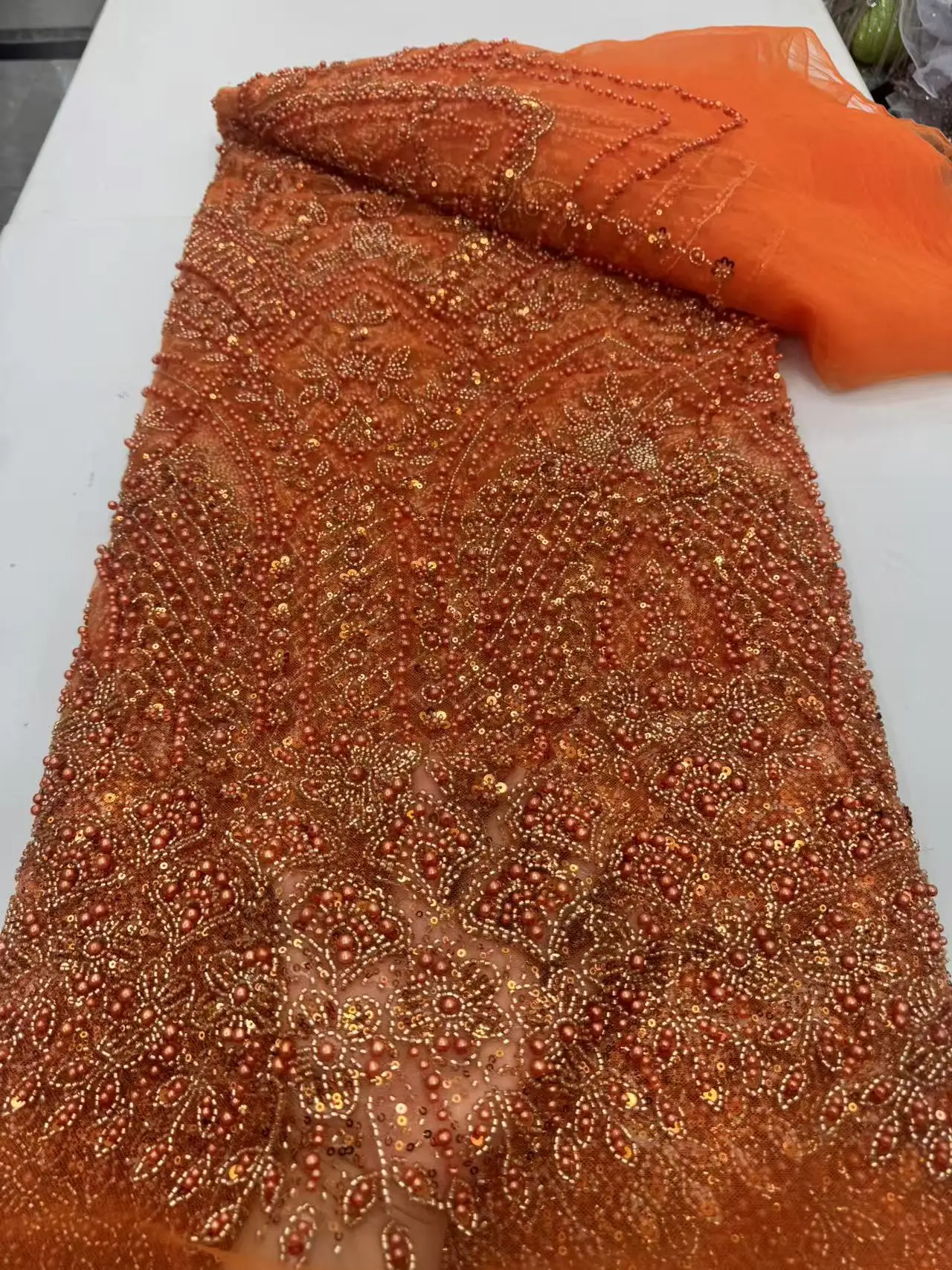 Luxury French 3D Sequins Lace Fabric 2026 High Quality Nigerian Beads Lace Fabric For Wedding Party Dress Sewing 5 Yards