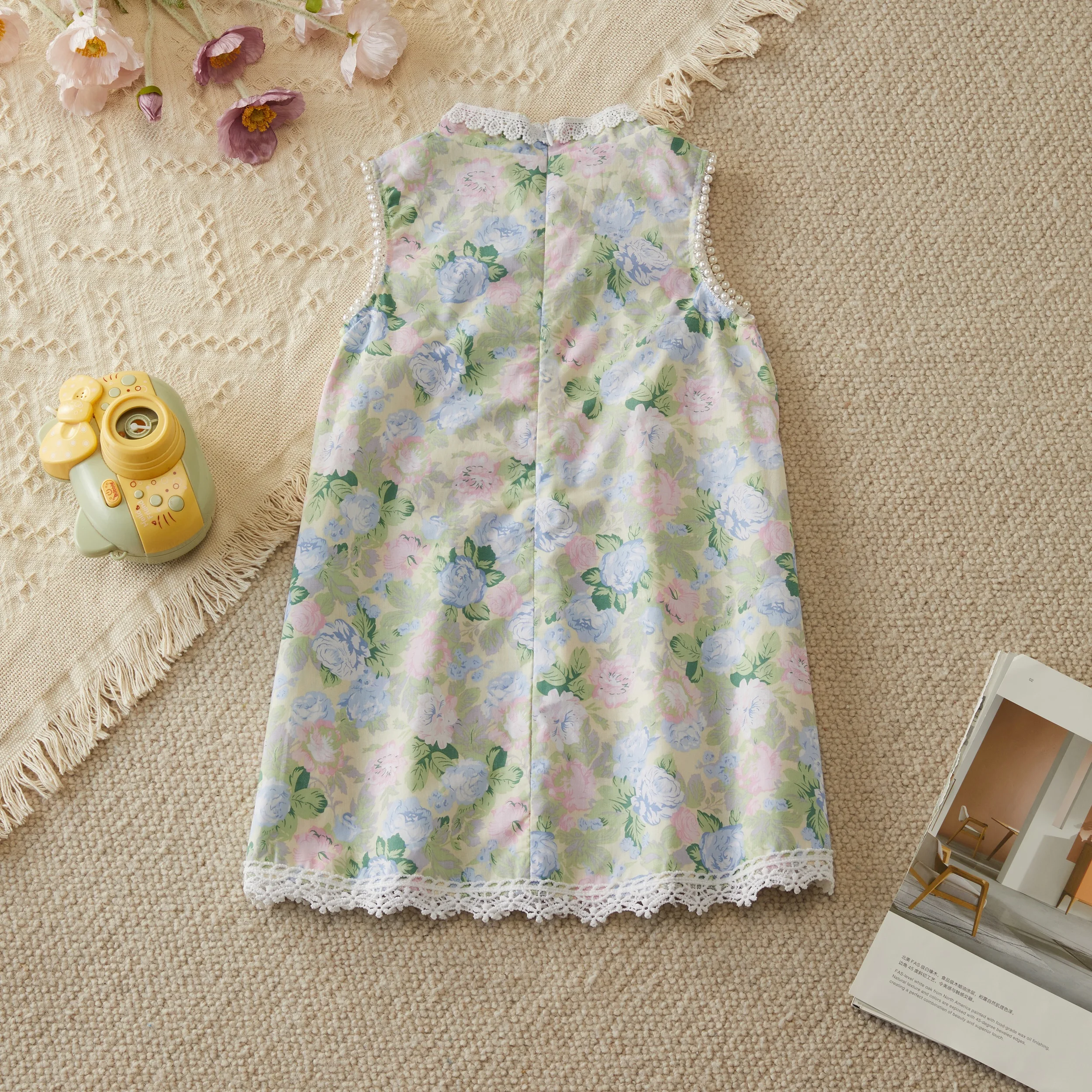 Girls Princess Dresses Summer Lace Stand-up Collar Printed Pearl Cheongsam Dress Children's Clothing Comfortable Dress