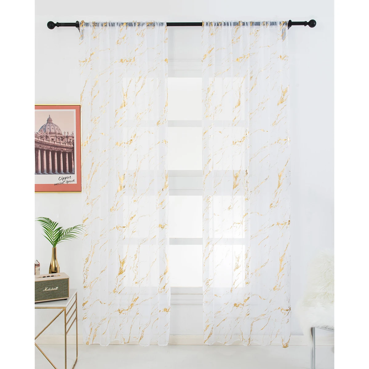 

1Pcs Marble Texture Bronzing Sheer Curtain Premium Polyester Rod Shading Voile Half Shading Tulle for Living Room Bedroom
