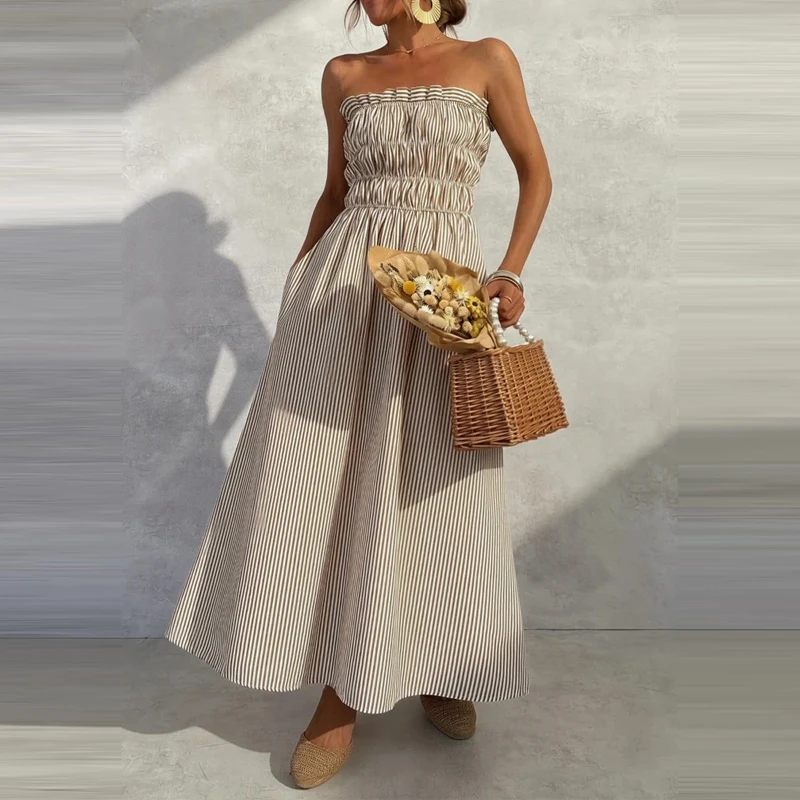 Summer Sexy Hight Waist Sleevless Swing Party Dress Fashion Strapless Pocket Beach Dress Elegant Striped Print Draped Long Dress