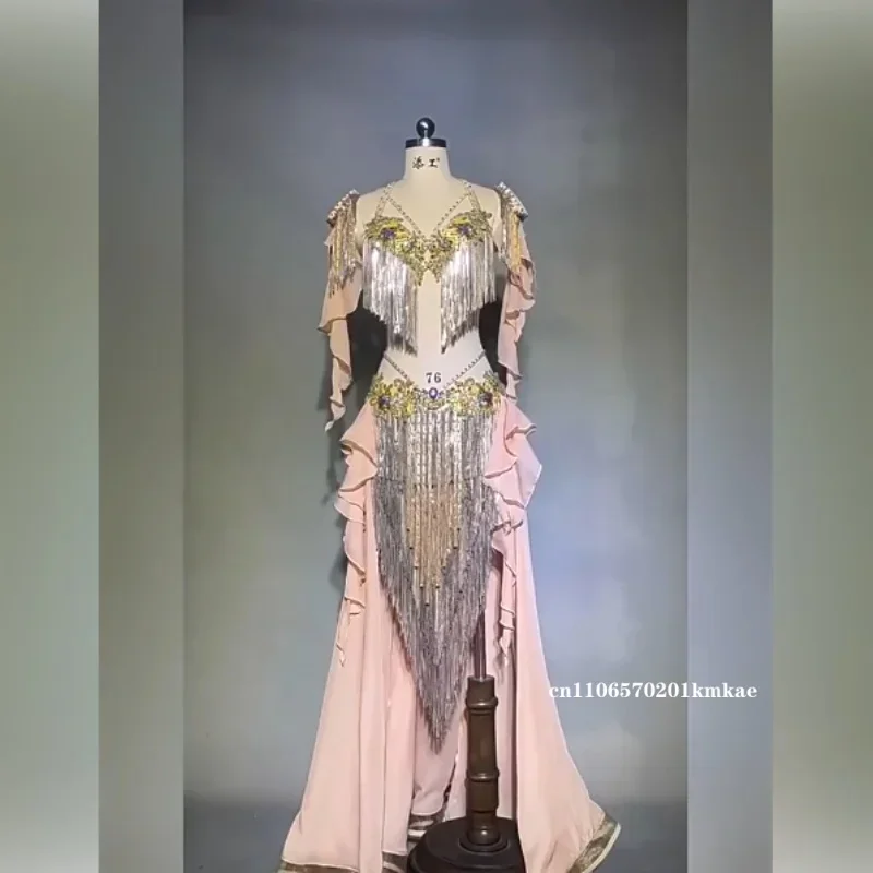 Luxury Blush Pink Belly Dance Outfit - Gold Beaded Fringe Crop Top & Ruffled Chiffon Skirt for Stage Performance & Competition