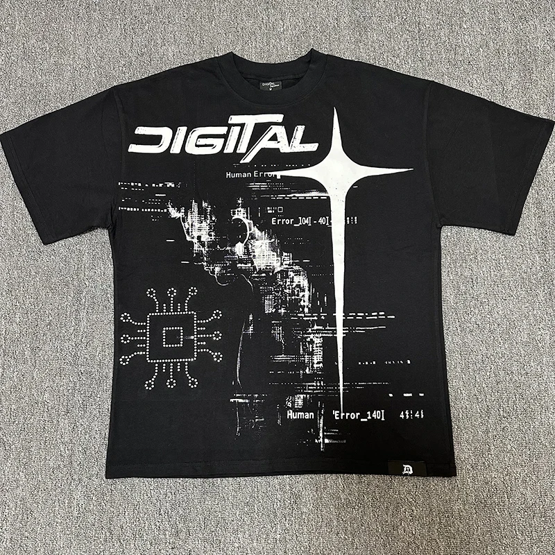 2026SS DIGITAL Men Short Sleeve Top Red Tech Circuit Digital Figure Print Loose Casual Street Tee Top