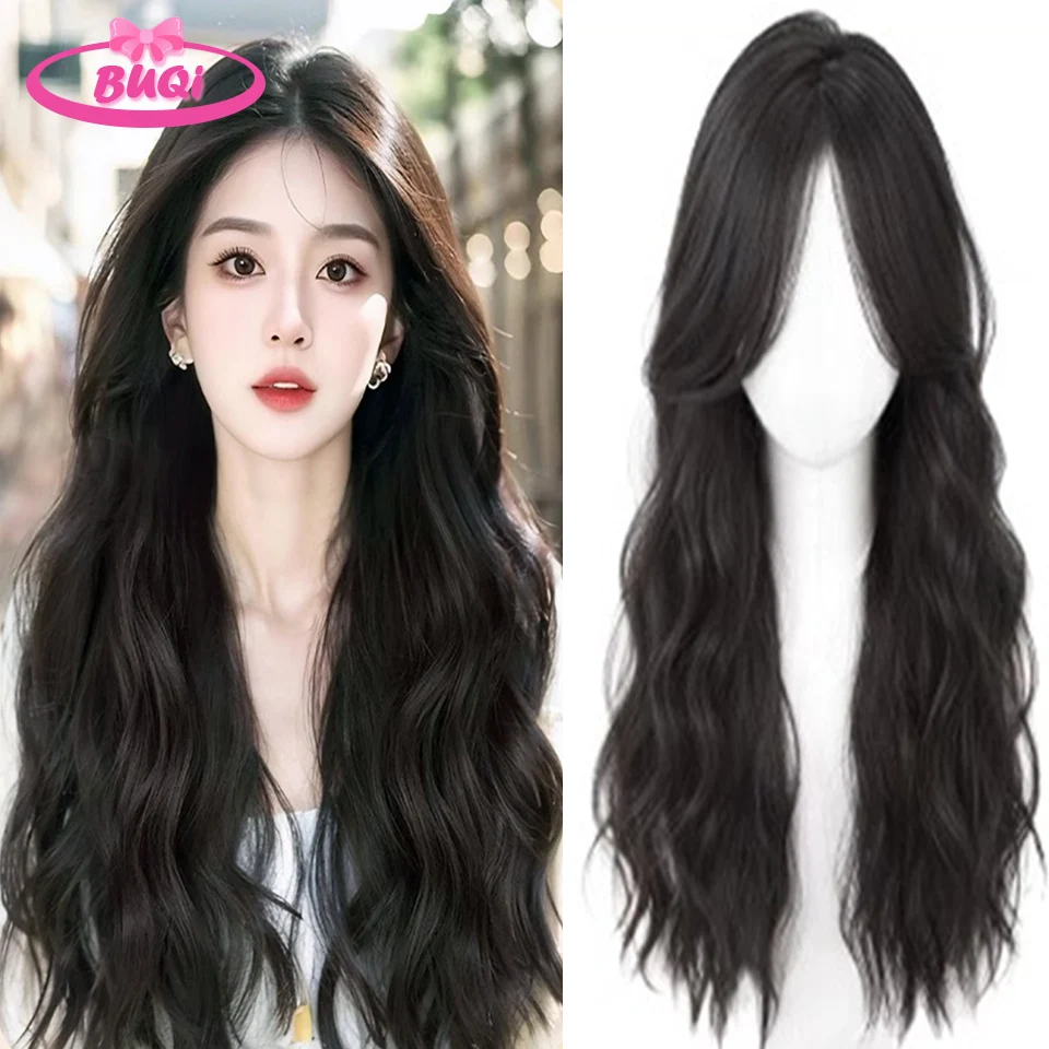 BUQI Synthetic Wigs Long Wavy Wig with Bangs Dark Black Hair Wigs for Women Natural Hair Wigs For Cosplay Party