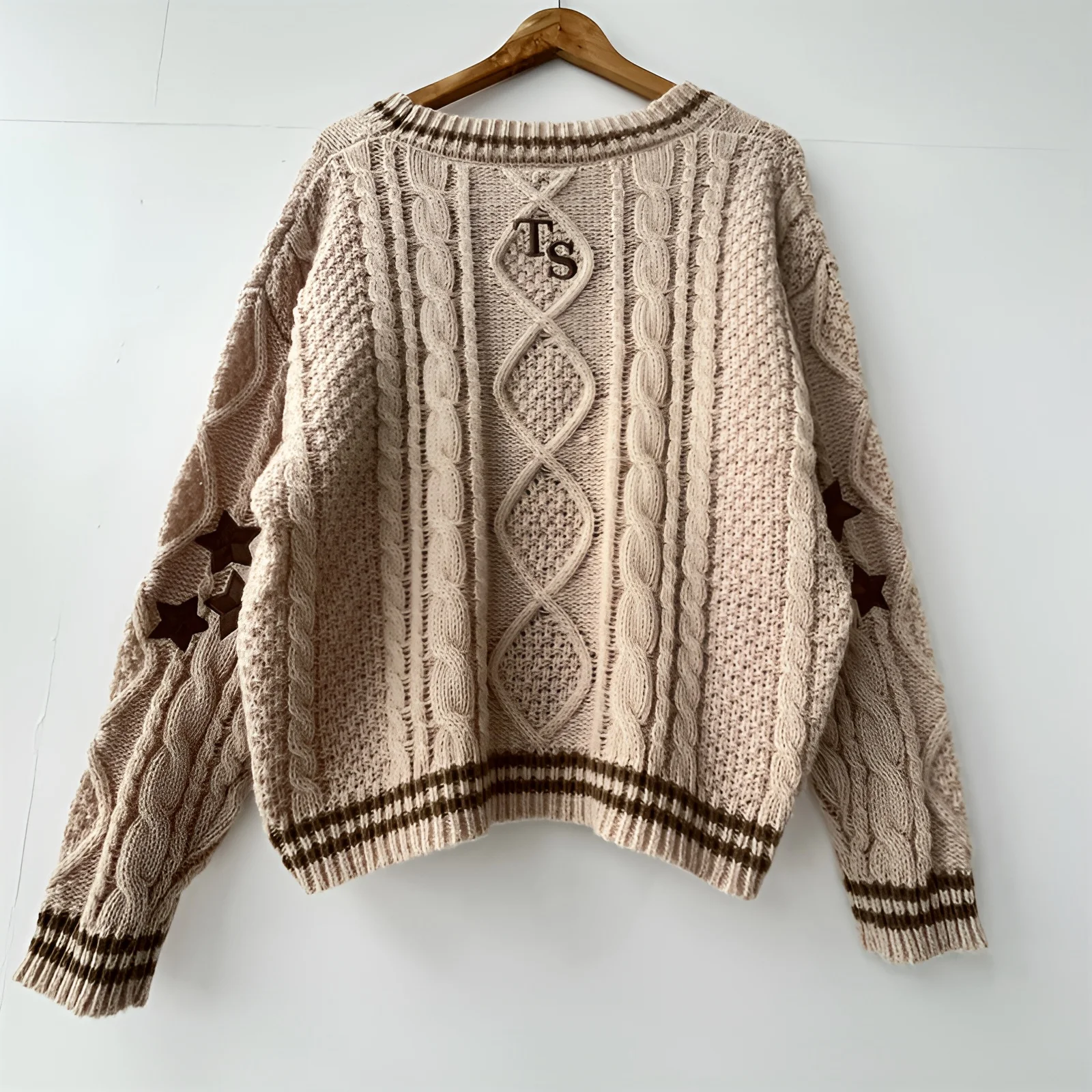 Women Autumn Cotton Star Embroidery Khaki Knitted Cardigans V Neck Aesthetic Retro Single Breasted Sweaters Y2k Beige Tops