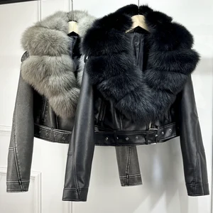 Real Fox Fur Collar معطف قصير من الجلد الصناعي للنساء PU سترة جلدية سحاب عصابات طبيعية خريف شتاء جديد 2024 أعلى 8 مبيعات معطف فرو الثعلب الحقيقي - No2