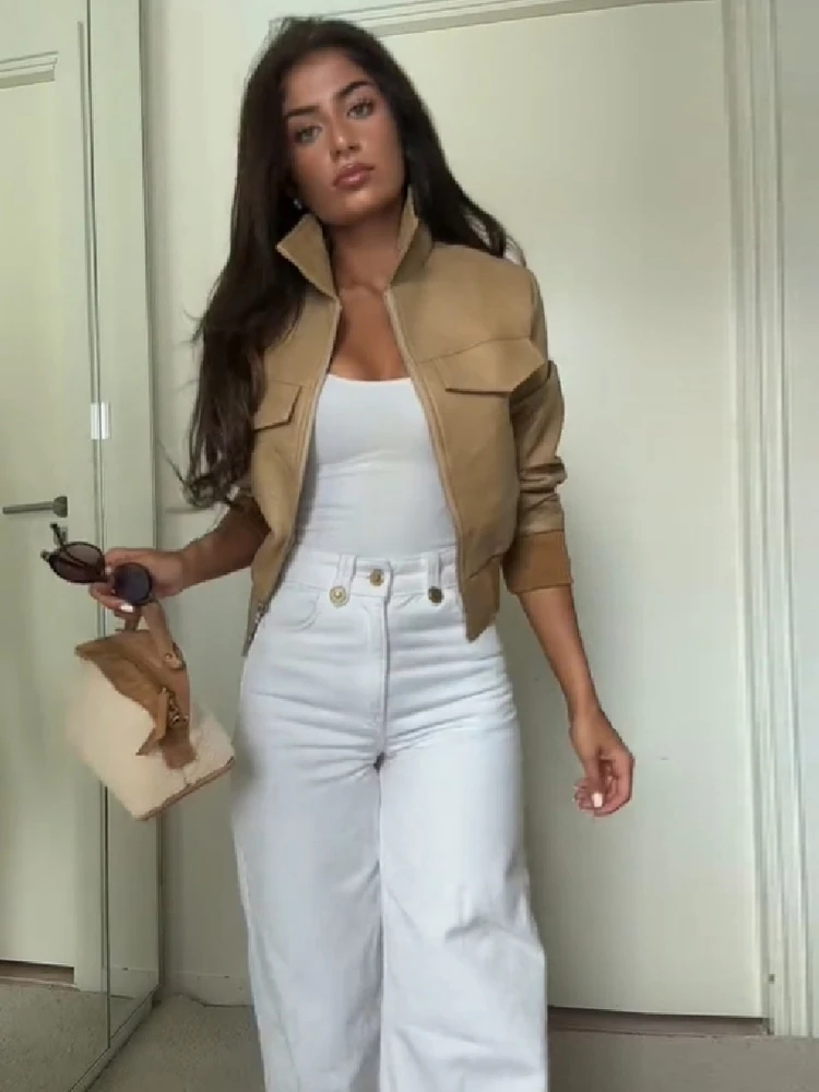 Vintage PU-Leder Cropped Jacke mit Langen Ärmeln und Gerippten Manschetten, Streetwear Damenmantel, Neue Lässige High-Street Herbst-Oberbekleidung – Detail 3