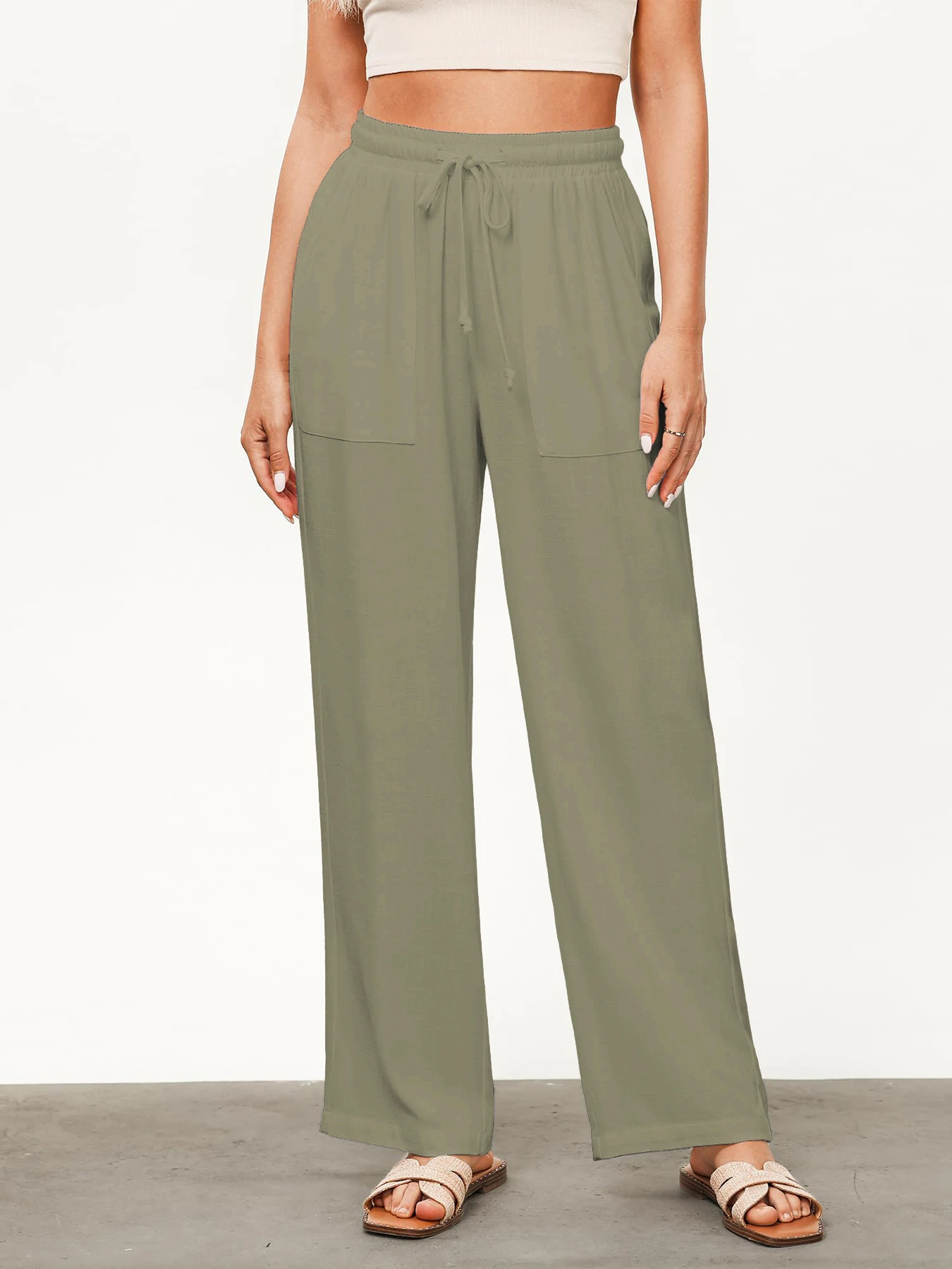 Einfarbige, lockere, weit geschnittene Hose für Damen, lässige, gerade Hose mit Kordelzug, lässige Hose mit Taschen, lockere Hose mit hoher Taille – Detail 15