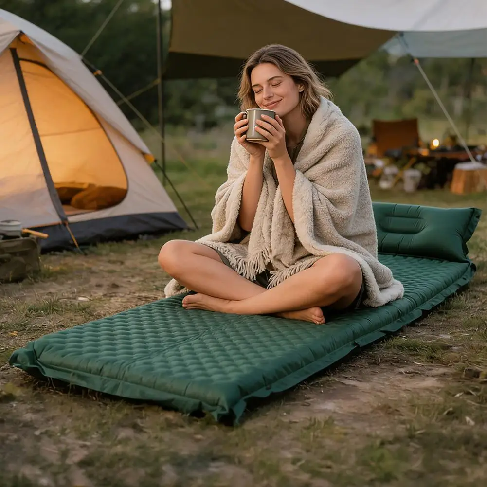Self Inflating Air Mattress with Head Support Pillow Thick Sponge Sleeping Pad Folding Travel Camping Backpacking Lounge Mat