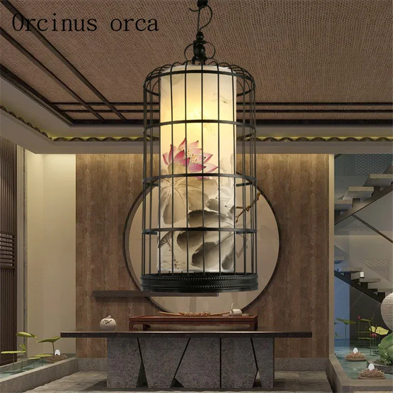 New Chinese iron bird cage chandelier Hotel tea house restaurant hand painted traditional Chinese painting classical Chandelier