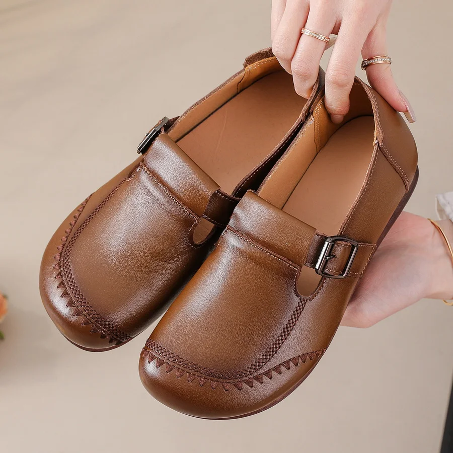 

Новые повседневные женские туфли-лоферы из натуральной кожи с ретро-пряжкой, нескользящие, удобные, на каждый день, для мам