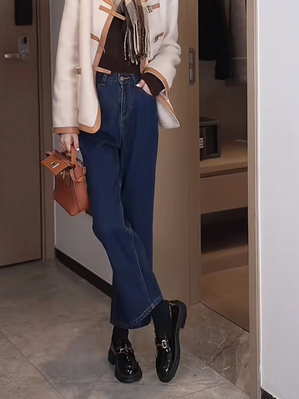 

Женские джинсы Oajer Flagip Store с флисовой подкладкой, прямые, с высокой талией, многофункциональные, утягивающие, осенне-зимние брюки