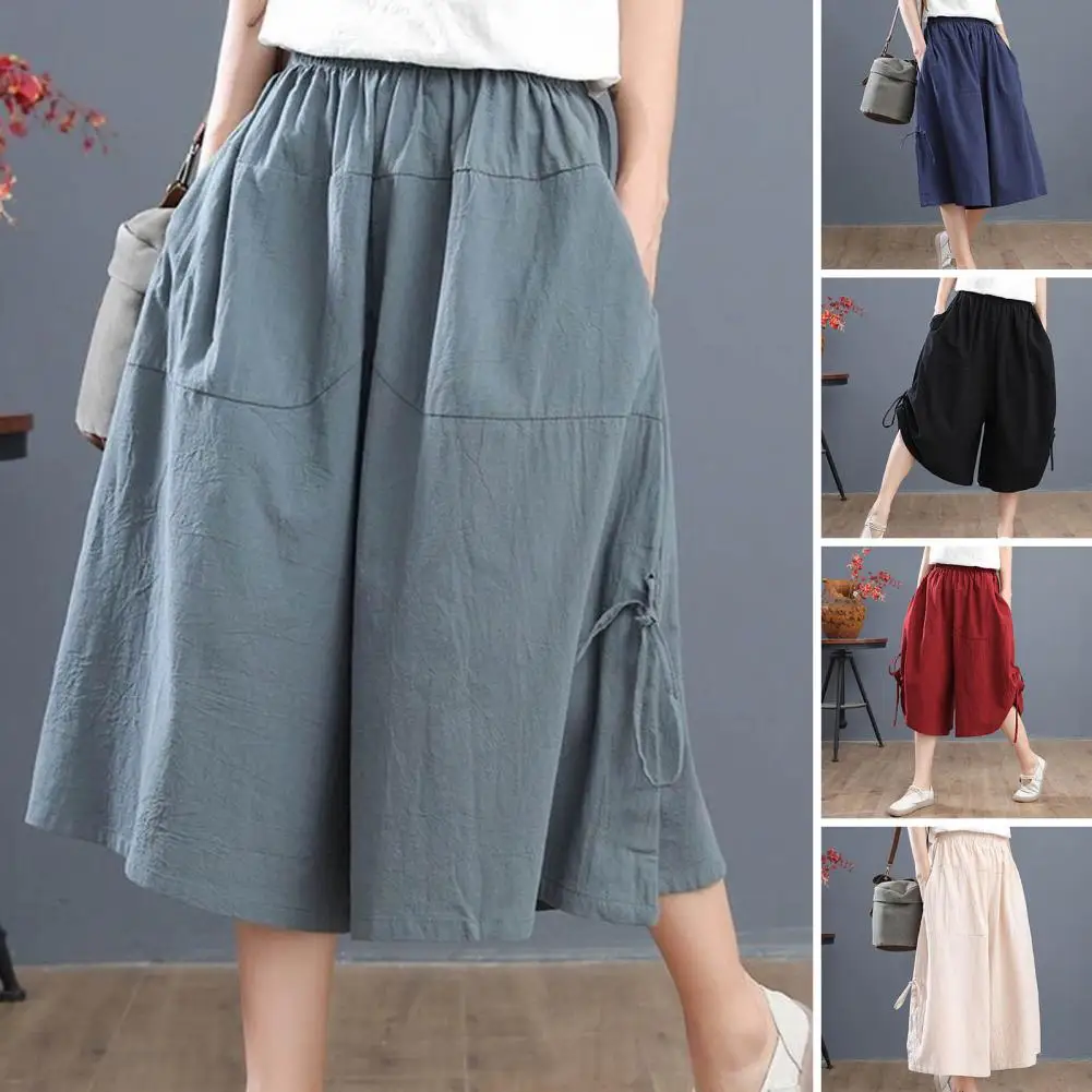 Women Cropped Pants Summer Cotton Linen Elastic Waist Pocket Womenswear Ruffle Ladies Wide Legs Loose Trousers Pantskirt