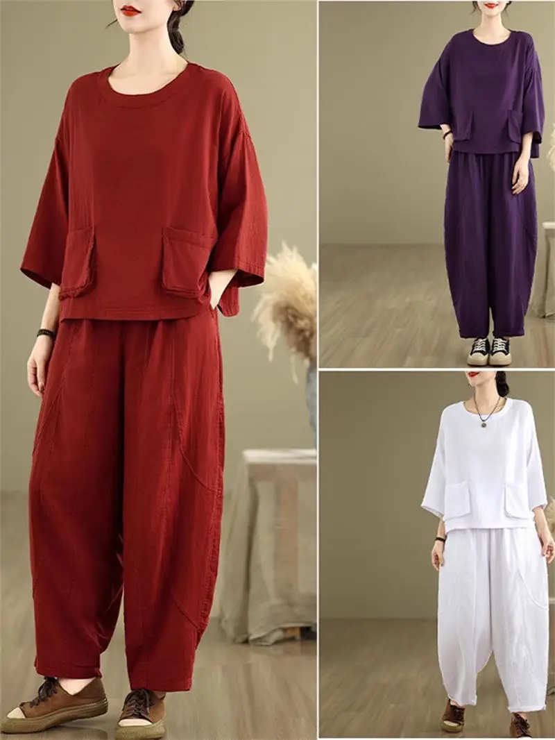 Damen-Freizeitanzug, minimalistisches künstlerisches Design, lockere Passform, O-Ausschnitt, lange Ärmel, Baumwoll-Leinen-Mischung, Frühlings- und Sommer-Taschen-Outfit G761