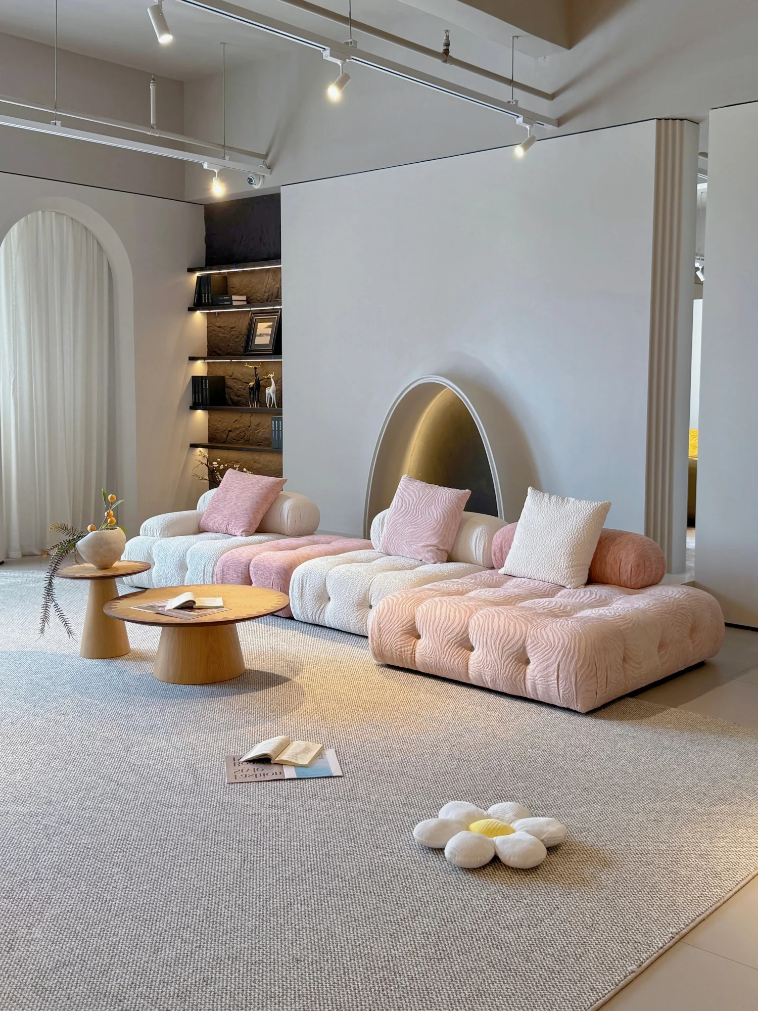 Pink Cream Velvet Tufted Modular Sofa With Chaise Bolster Cushions Floor Style Deep Seat For Living Room Villa Bedroom Home