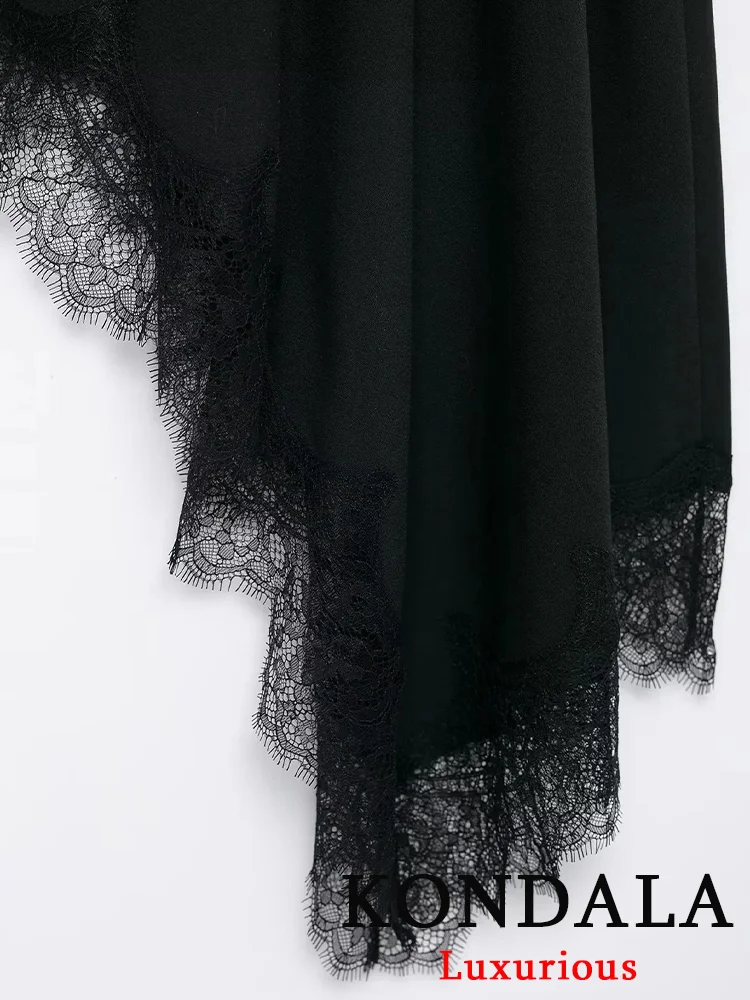 KONDALA مثير شيك الأسود الساتان الدانتيل النساء التنانير عالية الخصر غير النظامية ميدي تنورة الحفلات موضة 2025 مساء نادي حفلة فتاة تنورة