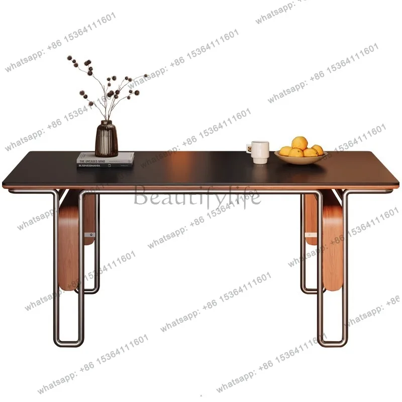 

Medieval rock slab solid wood dining table 2025 new black high-end rectangular household small apartment