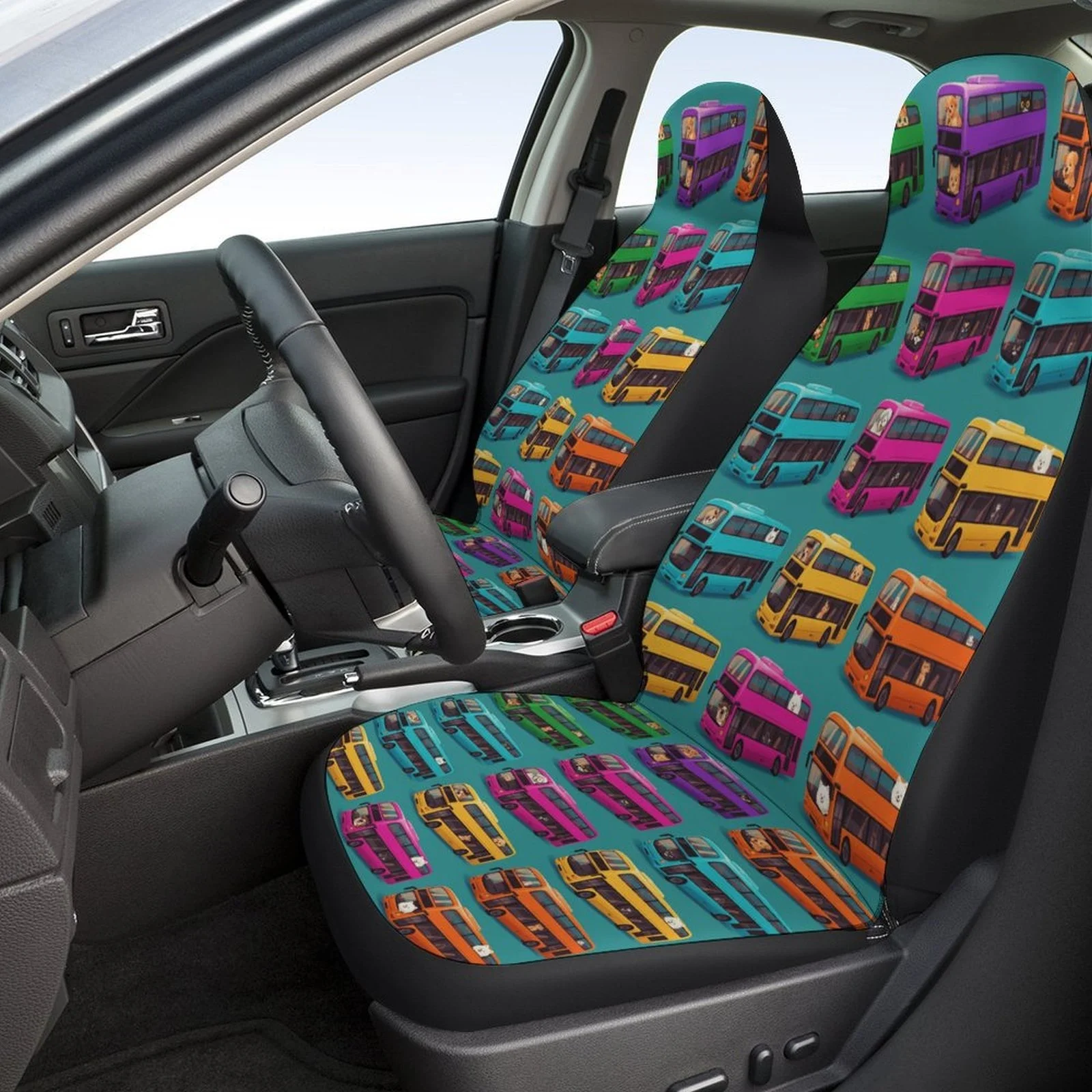 Colorful Bus Collection Themed Car Seat Cover Set For Most Cars, Trendy High-quality Car Seat Protector Covers Full Set, Univers