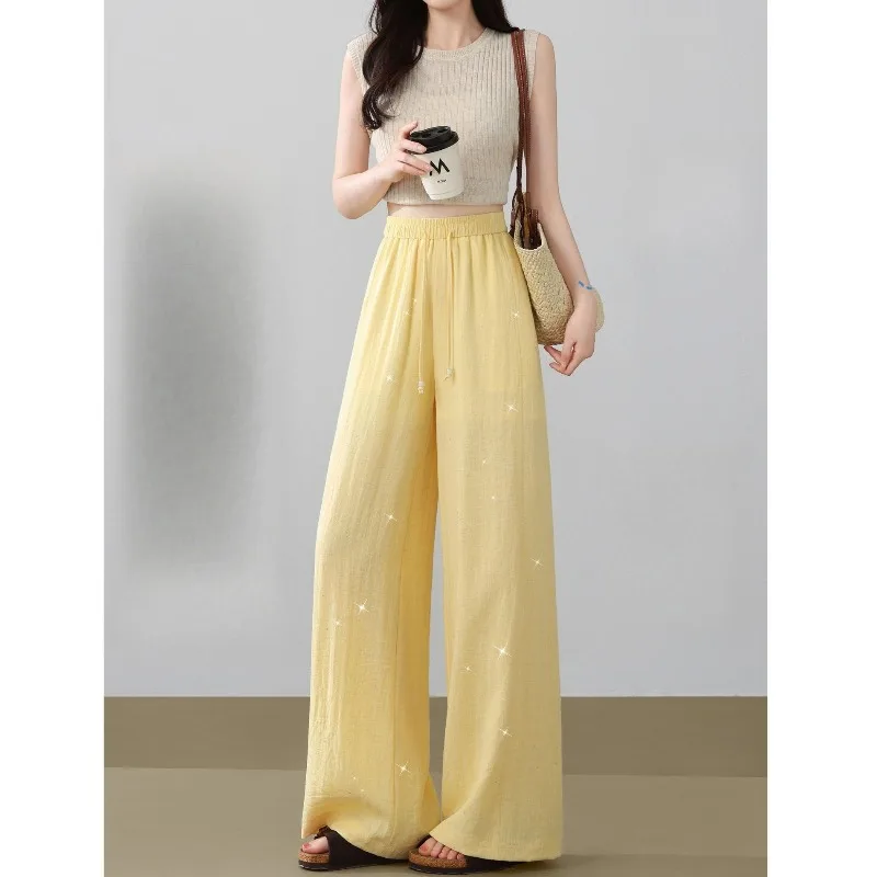 High Waist Wide Leg Pants Women's Summer Thin Loose Fit Slimming Diamond Embellished Casual Straight Leg Trousers Q345