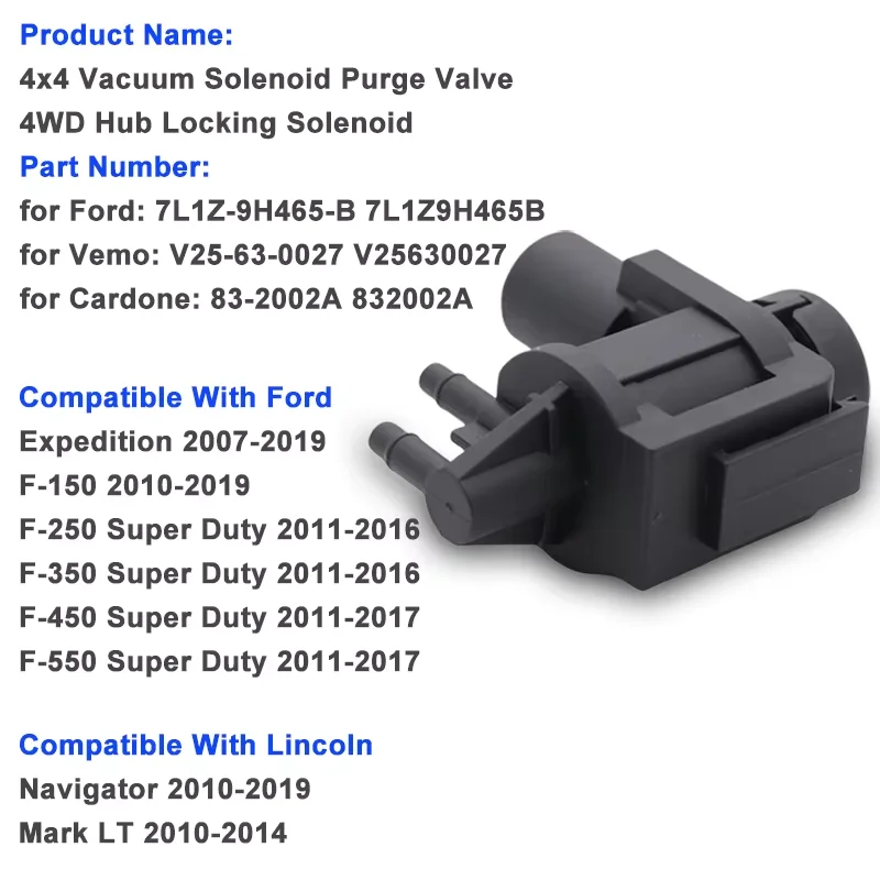 4x4 4WD Locking Hub Vacuum Solenoid Purge Valve 7L1Z-9H465-B 7L1Z9H465B 2006-2019 for Ford F-150, F-350/F-550 Super Duty