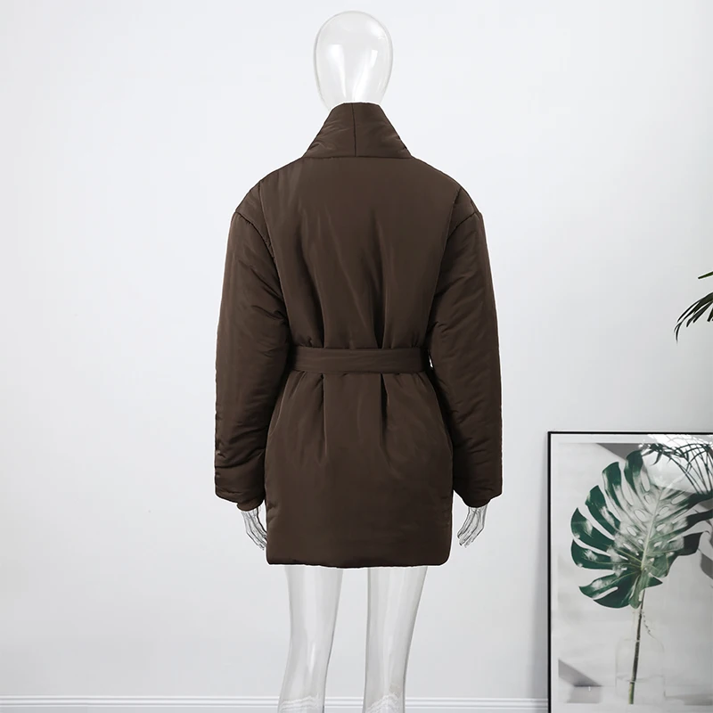 Damen Gefütterte Jacken V-Ausschnitt Langarm Schnürung Übergroße Mäntel Herbst Winter Damen Mantel mit Taschen Einfarbig Locker Geschnitten Schicke Neue Oberbekleidung – Detail 5
