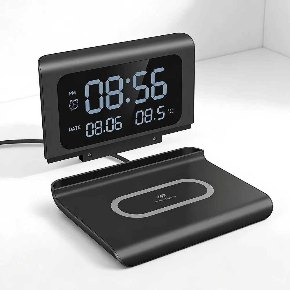 Wireless Charger Pad Stand with Alarm Clock And Thermometer Fast Charging Station for iPhone 17/16/15/14/13/12/11
