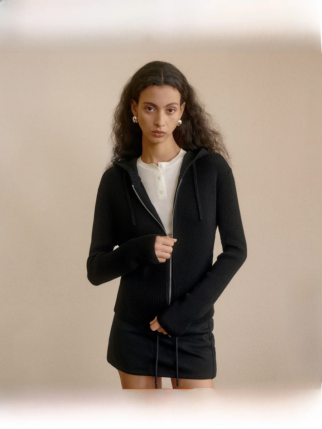 

ZhiZhi Yellow Slow Women's Zipper Wool Jaet High Twist Casual Top Bla Cotton Silk Wool Blend Long Sve Hooded Coat