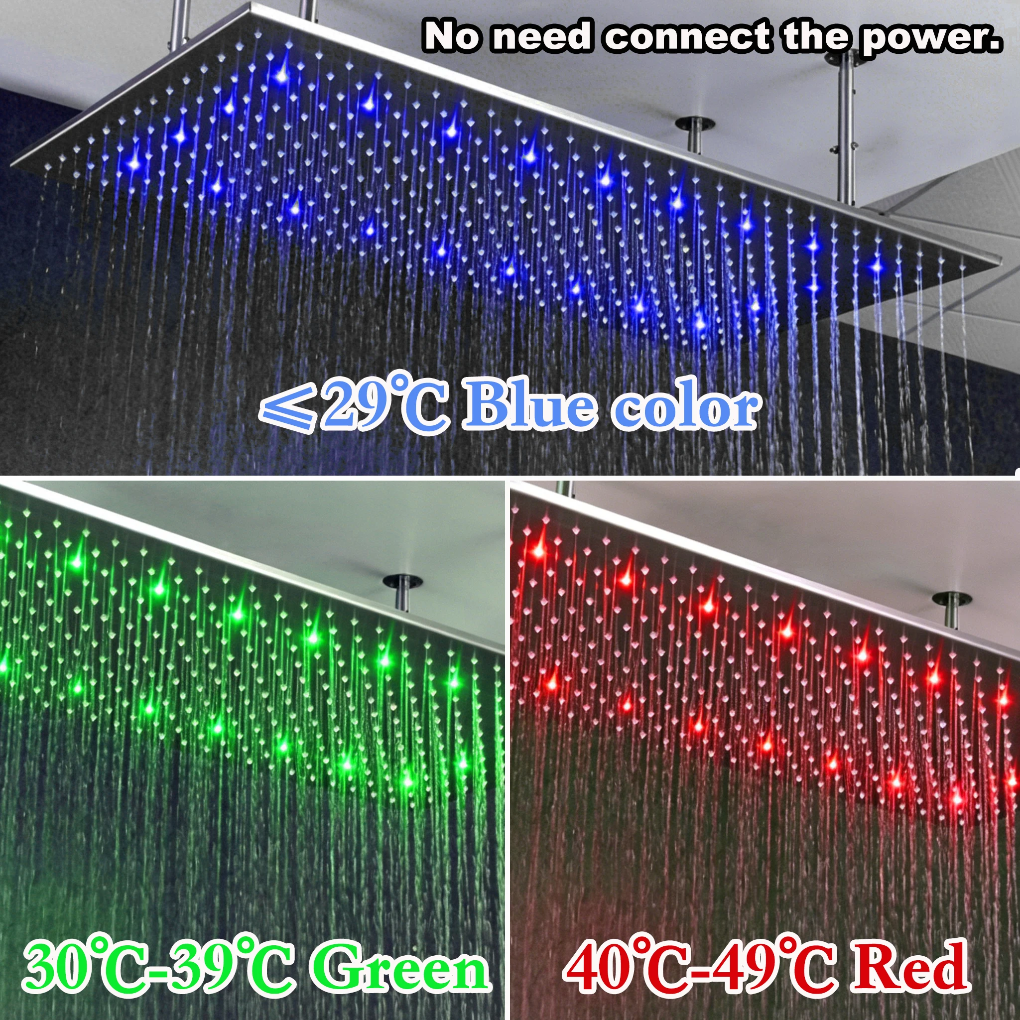 Customizable LED Rain Shower Head Water Temperature Sensitive 3 Color Changing Square Stainless Steel Ceiling Mount Sprayer