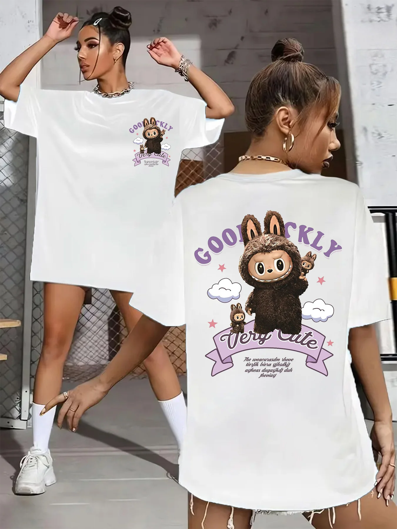 

Summer Women's Plus Size T-Shirt Original Design Fashion Good Luck Doll Printed Women's Casual Soft Crew Neck Short Sleeved Tops