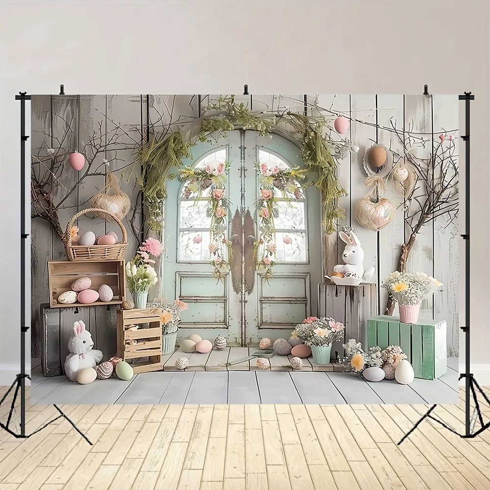 1 piece retro polyester Easter photo background, multi-purpose photo background with white door and colorful decor, universal