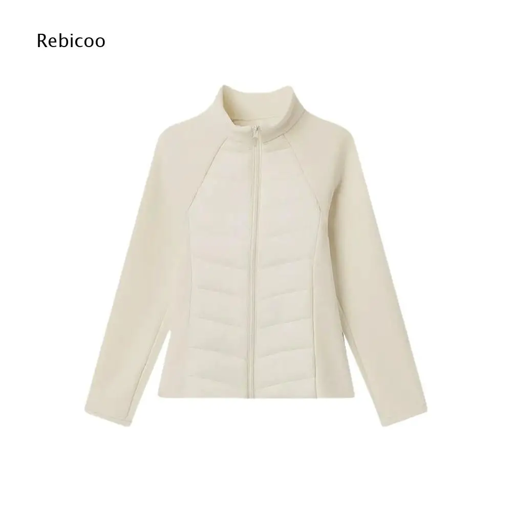 Zip Up Stand Collar Hybrid Padded Jacket For Women Long Sleeve Spliced Design Outerwear For Relaxing Daily Wear And Short Trips