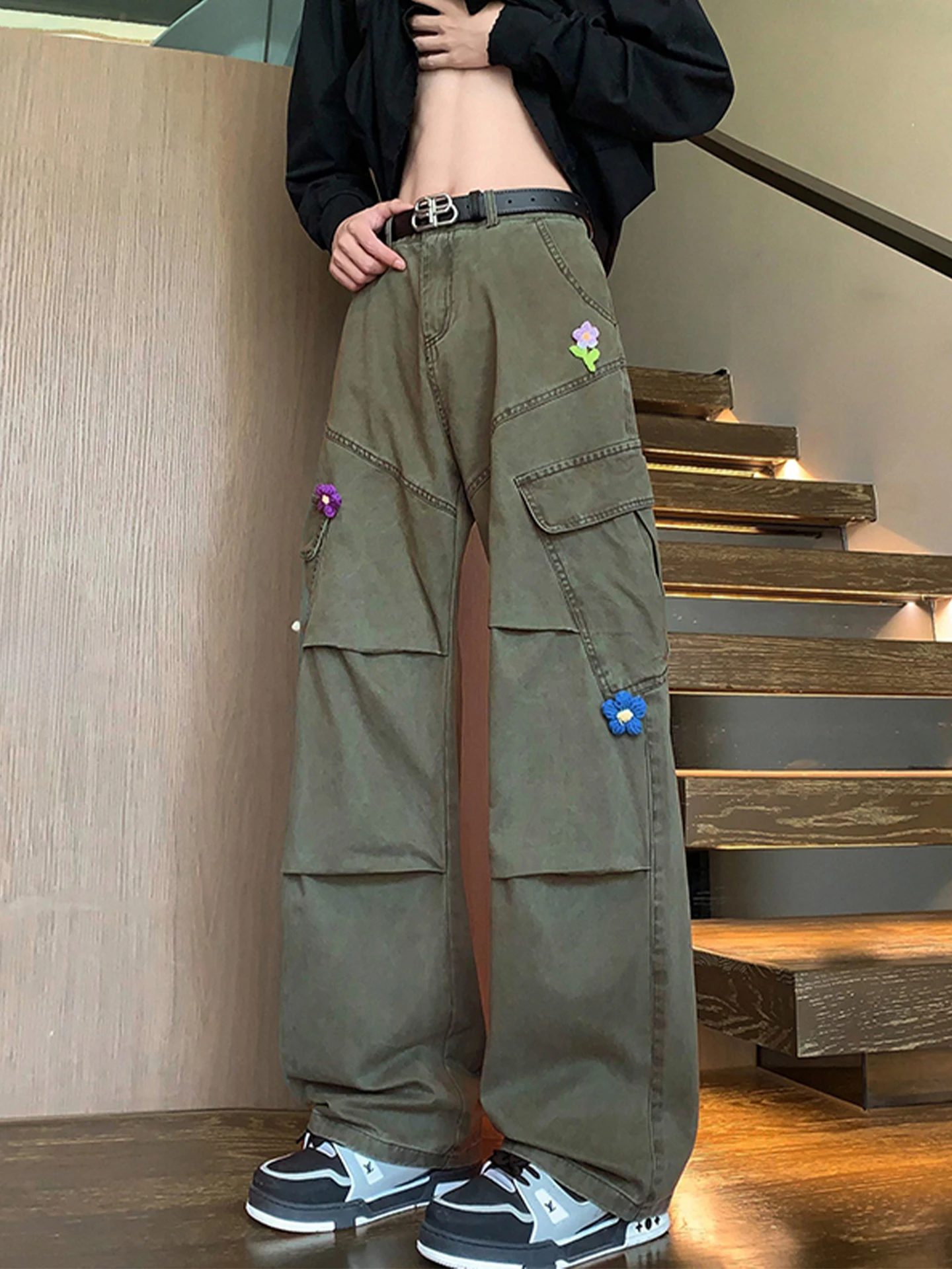 

Ретро-американские рабочие брюки для мужчин, летние, тонкие, модные, с цветочной вышивкой, с множеством карманов, свободные, прямые, повседневные брюки.