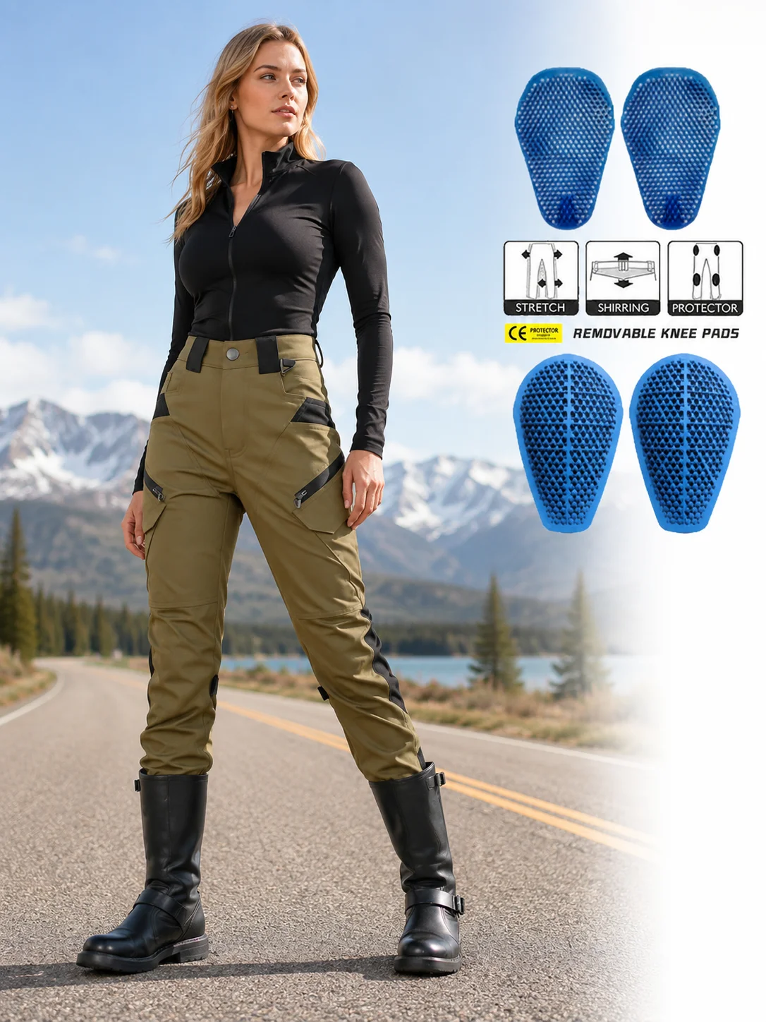

Women Camo Motorcycle Riding Jeans Multi Pocket CE Protective Anti-Fall Biker Pants Cuffed Slim Fit with Silicone Pads