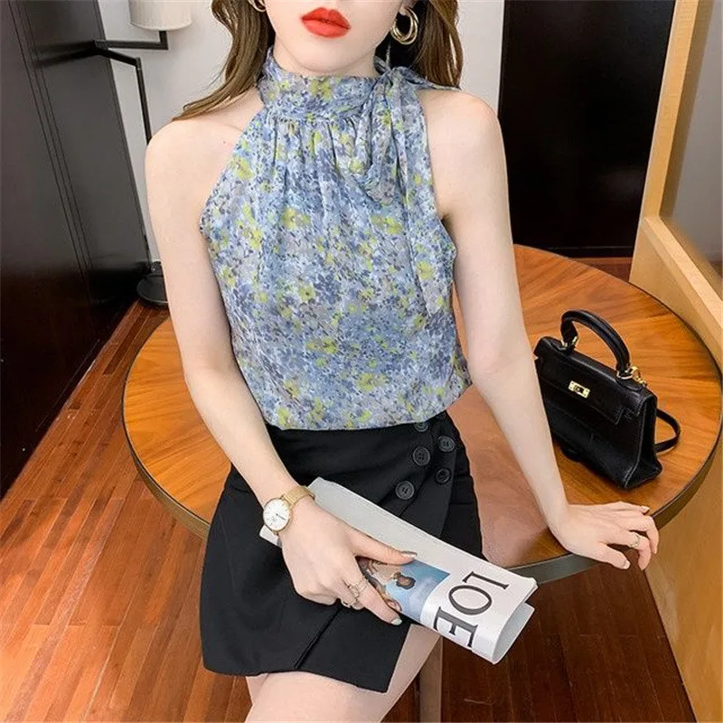 Floral Print Bow Lace Up Elegant Chic Sweet Sleeveless Shirts 2023 Summer Fashion Sexy Off Shoulder Slim Top Blouse Women Blusas