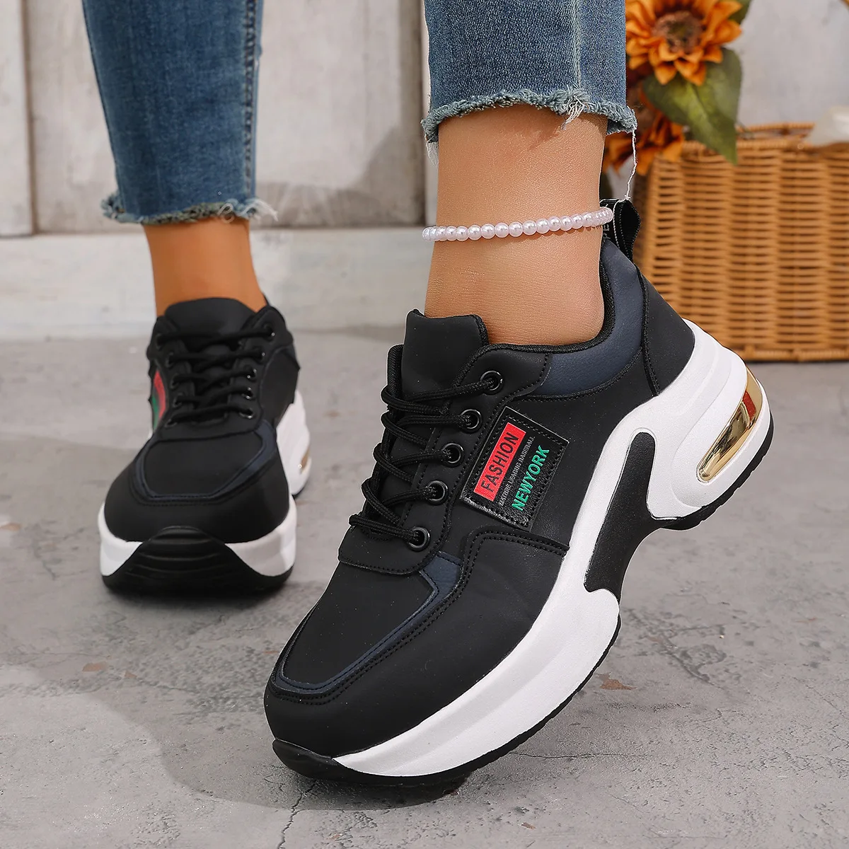 Women's Breathable Leather Surface Running Shoes Waterproof Sporty Heightening Trend Casual Durable Large Size Versatile