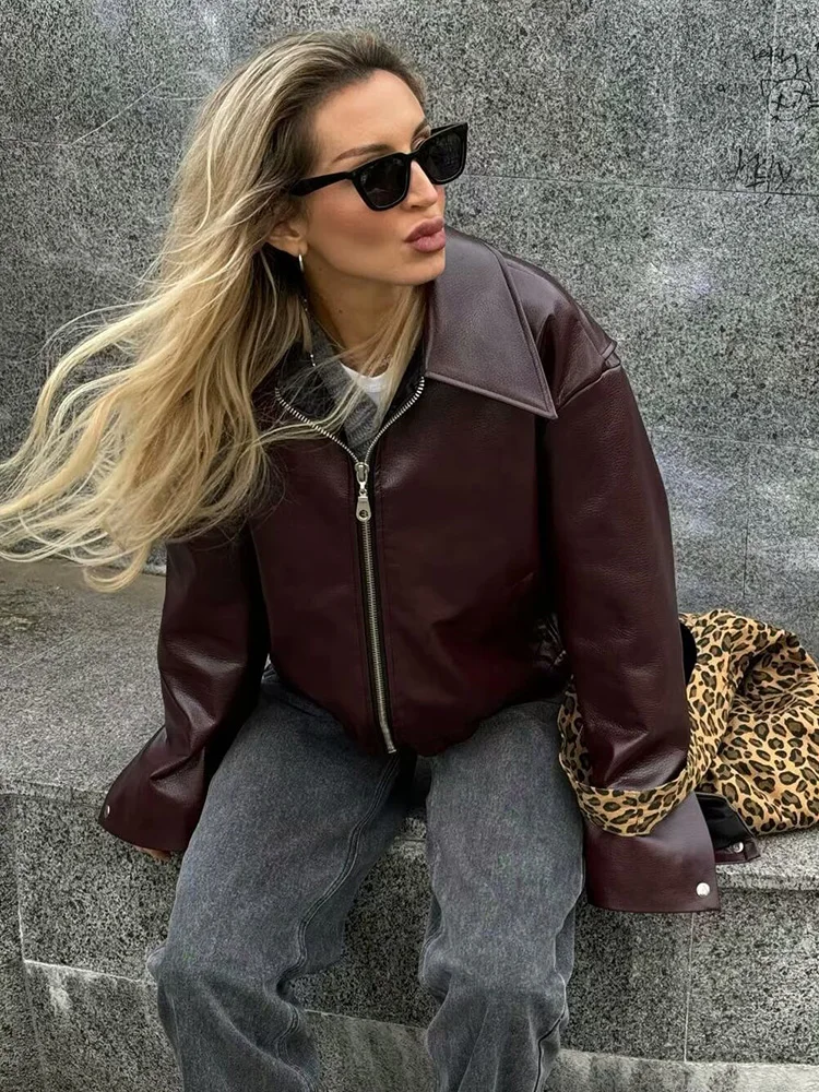 

HH TRAF 2024 Spring Faux Leather Cropped Jackets Fashion Solid Lapel Long Sleeves Coats Pockets Zipper Female Casual Jackets