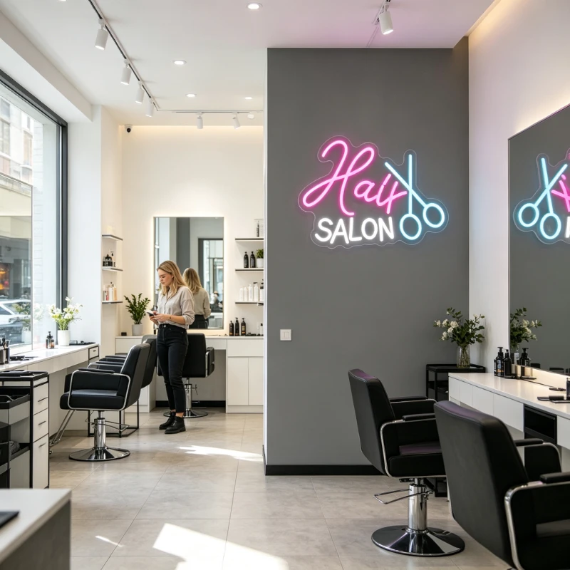 Hair Salon LED Neon Sign Aesthetic Night Light USB Rechargeable Acrylic Marquee Sign for Shop Window Storefront Home Decor Gift