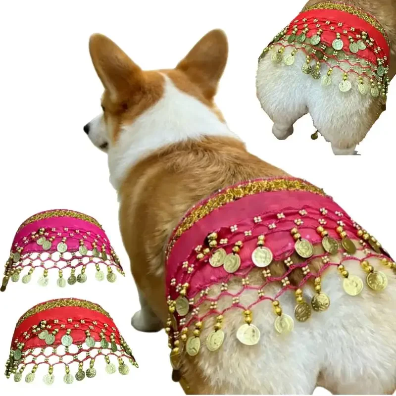 Dog Belly Dancer Skirt, Waist Chain Corgi Hip Scarf Costume Puppy Belly Dancing Accessories for Pet Cosplay Party Halloween