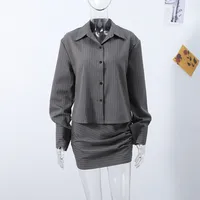 Sexy Striped Mini Skirt Set Women Lapel Single-breasted Shirts Hip Package Skirts 2025 Spring Summer Slim Fashion Lady Outfits