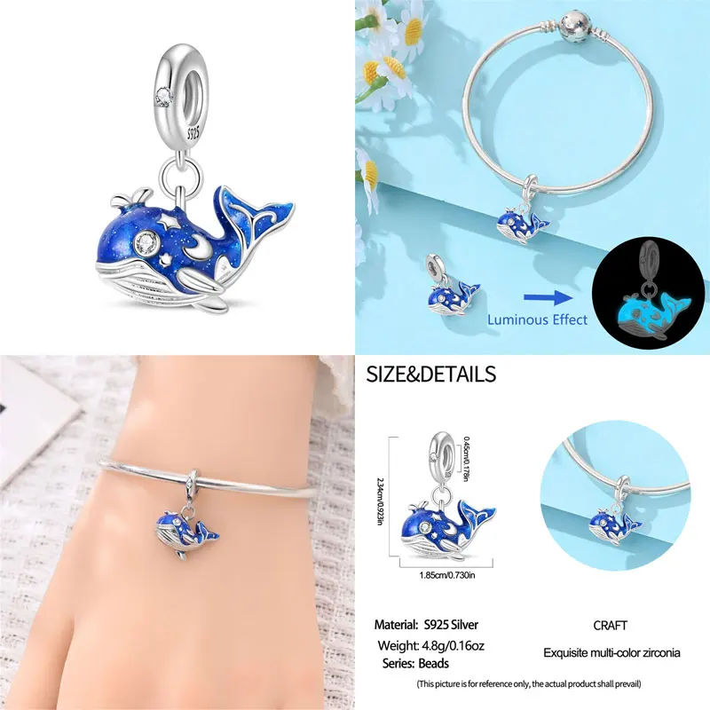 925 Sterling Silver Blue Whale Pendant Cat Unicorn Sisters Heart Beaded Teacup Alice Dress Bracelet DIY Jewelry Make Women Gift