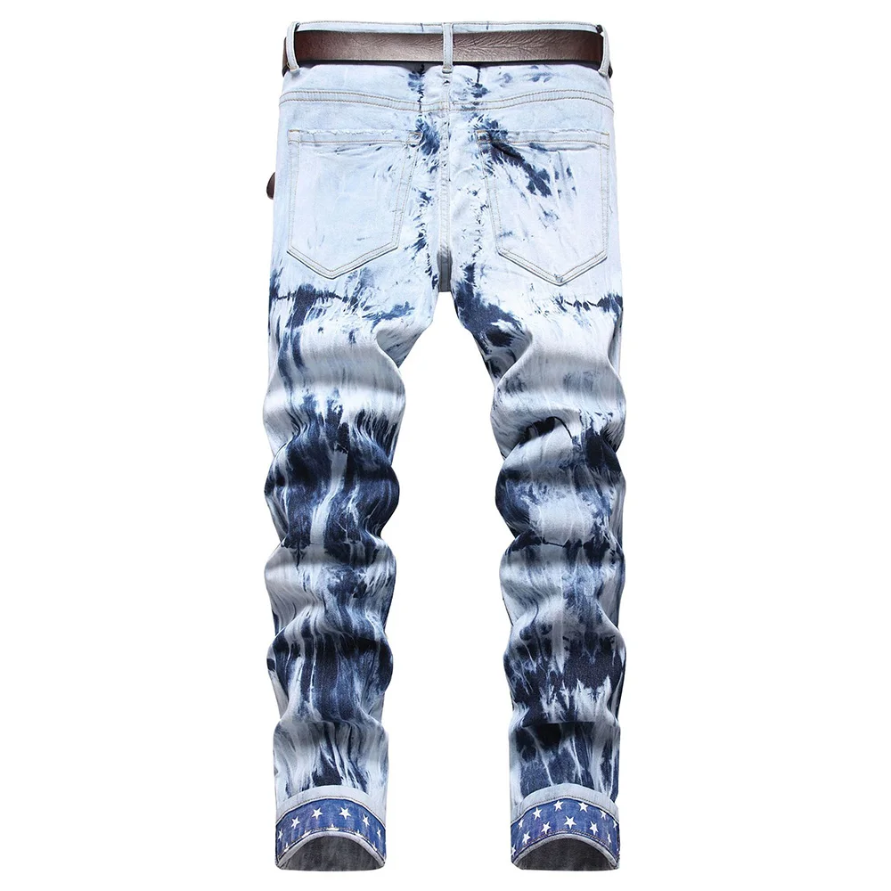 Men Pleated Stars Patch Jeans Tie and Dye Stretch Denim Pants Streetwear Printed Hem Slim Straight Trousers