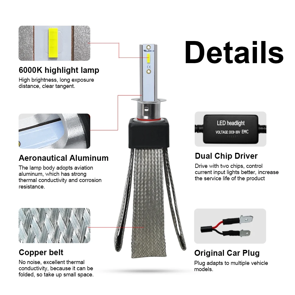 2Pcs Super Bright 15000LM LED HB1 9004 HB4 9006 H11 H8 H9 150W High Low Beam Headlight Bulbs Copper Braided Heat Dissipation