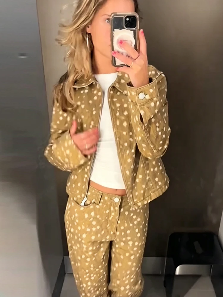 Retro Amerikanischer Hirsch-Punktdruck 2-Teiliges Outfit Reißverschluss-Jacke Knopflose Weite Hose 2026 Winter Neue Lässige Damen-Hosen-Sets – Detail 9